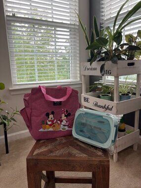 Brivilas Pink Mickey and Minnie Mouse, insulated lunch bag, and Blue Bento Box